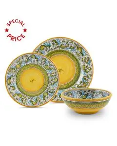 Handmade Italian 3-piece place setting Cecilia Rosso: dinner plate, salad & dessert plate, cereal bowl. Deruta, Italy