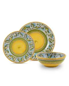 Handmade Italian 3-piece place setting Cecilia Rosso: dinner plate, salad & dessert plate, cereal bowl. Deruta, Italy