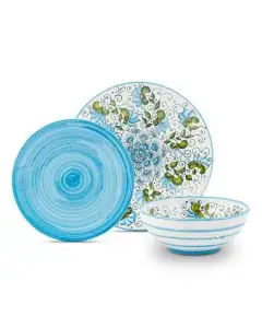 Handmade Italian 3-piece place setting Cecilia azure: dinner plate, salad & dessert plate, cereal bowl. Deruta, Italy