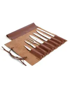Set of 7 Kitchen Knives with Olive Wood Handles