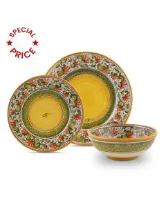 Handmade Italian 3-piece place setting Cecilia Rosso: dinner plate, salad & dessert plate, cereal bowl. Deruta, Italy
