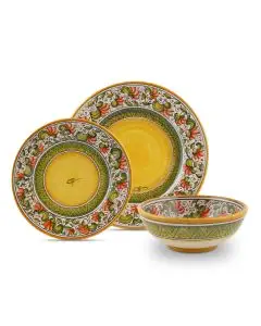 Handmade Italian 3-piece place setting Cecilia Rosso: dinner plate, salad & dessert plate, cereal bowl. Deruta, Italy