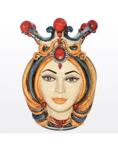 Sicilian Moorish head featuring a female character decorated in rich shades of blue, orange and red. It is handcrafted in Caltagirone, Italy.