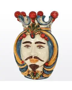Sicilian Moorish head featuring a male character decorated in rich shades of blue, orange and red. It is handcrafted in Caltagirone, Italy.