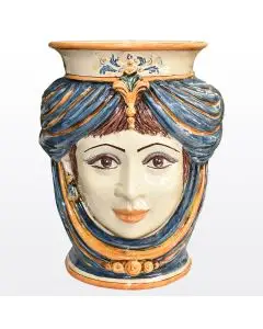 Sicilian Moorish head vase featuring a female character decorated in rich shades of blue and orange. It is handcrafted in Caltagirone, Italy.