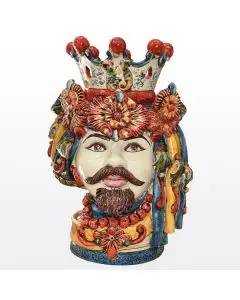 Regal Sicilian Moorish head featuring a male character, handcrafted in Caltagirone, Italy.