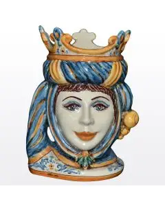 Sicilian Moorish head with a crown featuring a female character decorated in rich shades of blue and orange. It is handcrafted in Caltagirone, Italy.