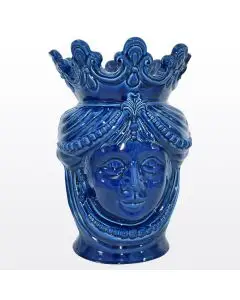 Classic blue Sicilian Moorish head featuring a female character. It is handcrafted in Caltagirone, Italy.