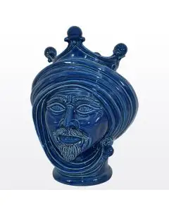 Blue Sicilian Moorish head with a crown featuring a male character. It is handcrafted in Caltagirone, Italy.