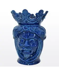 Classic blue Sicilian Moorish head featuring a male character. It is handcrafted in Caltagirone, Italy.