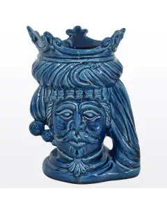 Blue Sicilian Moorish head featuring a male character. It is handcrafted in Caltagirone, Italy.