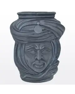 Matt blue Sicilian Moorish head featuring a male character. It is handcrafted in Caltagirone, Italy.