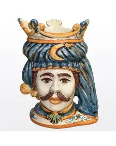 Sicilian Moorish head with a crown featuring a male character decorated in rich shades of blue and orange. It is handcrafted in Caltagirone, Italy.
