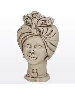 Sicilian Moorish head with a crown featuring a female character decorated in shades of antique ivory. It is handcrafted in Caltagirone, Italy.