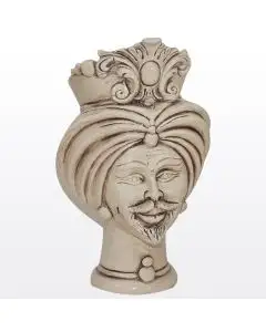 Sicilian Moorish head featuring a male character decorated in shades of antique ivory. It is handcrafted in Caltagirone, Italy.