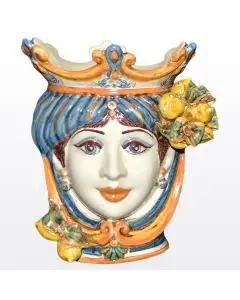 Sicilian Moorish head with lemons. It features a female character decorated in rich shades of blue and orange. It is handcrafted in Caltagirone, Italy. Small