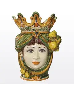 Sicilian Moorish head with lemons. It features a female character decorated in rich shades of green and orange. It is handcrafted in Caltagirone, Italy. Large