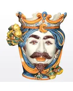Sicilian Moorish head with lemons. It features a male character decorated in rich shades of blue and orange. It is handcrafted in Caltagirone, Italy. Small