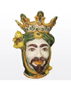 Sicilian Moorish head with lemons. It features a male character decorated in rich shades of green and orange. It is handcrafted in Caltagirone, Italy. Large