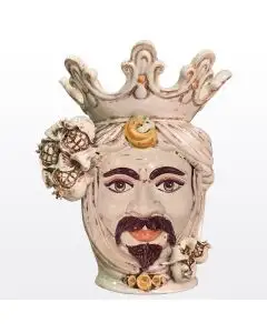 Sicilian Moorish head with pomegranates. It features a male character decorated in rich shades of antique ivory. It is handcrafted in Caltagirone, Italy.