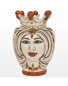 Ivory, red & gold Sicilian Moorish head featuring a female character. It is handcrafted in Caltagirone, Italy.