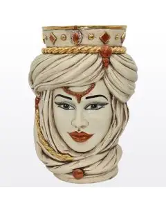 Ivory & gold Sicilian Moorish head featuring a female character. It is handcrafted in Caltagirone, Italy.