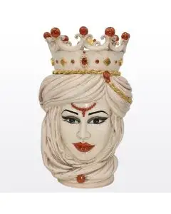 Ivory & gold Sicilian Moorish head with a crown featuring a female character. It is handcrafted in Caltagirone, Italy.