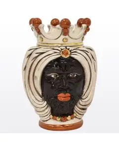 Ivory, red & gold Sicilian Moorish head featuring a Moorish character. It is handcrafted in Caltagirone, Italy.