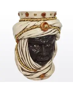 Ivory & gold Sicilian head featuring a Moorish character. It is handcrafted in Caltagirone, Italy.