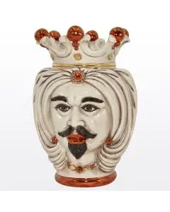 Ivory, red & gold Sicilian Moorish head featuring a male character. It is handcrafted in Caltagirone, Italy.