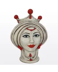 Ivory & red Sicilian Moorish head featuring a female character. It is handcrafted in Caltagirone, Italy.