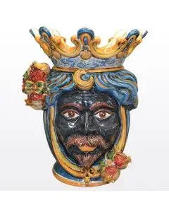 Sicilian head with pomegranates. It features a Moorish character decorated in rich shades of blue and orange. It is handcrafted in Caltagirone, Italy. Large