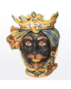 Sicilian head with pomegranates. It features a Moorish character decorated in rich shades of blue and orange. It is handcrafted in Caltagirone, Italy. Small