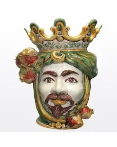 Sicilian Moorish head with pomegranates. It features a male character decorated in rich shades of green and orange. It is handcrafted in Caltagirone, Italy. Large