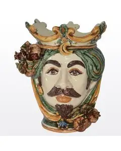 Sicilian Moorish head with pomegranates. It features a male character decorated in rich shades of green and orange. It is handcrafted in Caltagirone, Italy. Small