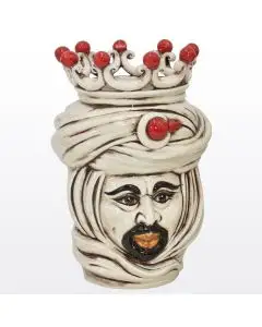 Sicilian Moorish head featuring a male character decorated in shades of antique ivory and red. It is handcrafted in Caltagirone, Italy.