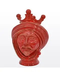 Red Sicilian Moorish head featuring a male character. It is handcrafted in Caltagirone, Italy.