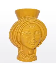 Yellow Sicilian Moorish head vase featuring a female character. It is handcrafted in Caltagirone, Italy.