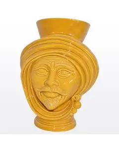 Yellow Sicilian Moorish head vase featuring a male character. It is handcrafted in Caltagirone, Italy.
