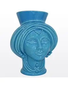 Azure Sicilian Moorish head featuring a female character. It is handcrafted in Caltagirone, Italy.