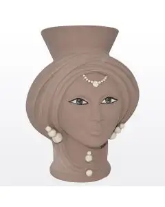 Matt tortora & pearl Sicilian Moorish head featuring a female character. It is handcrafted in Caltagirone, Italy.