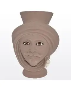 Matt tortora & pearl Sicilian Moorish head featuring a male character. It is handcrafted in Caltagirone, Italy.