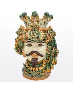 Regal Sicilian Moorish head featuring a male characterdecorated in rich shades of green and orange. It is handcrafted in Caltagirone, Italy.