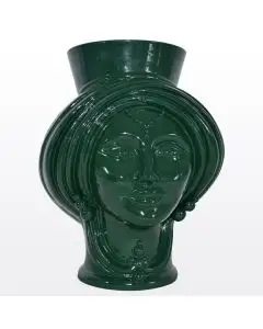 Dark green Sicilian Moorish head featuring a female character. It is handcrafted in Caltagirone, Italy.