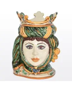Sicilian Moorish head vase featuring a female character decorated in rich shades of green and orange. It is handcrafted in Caltagirone, Italy.