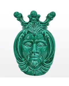 Green Sicilian Moorish head featuring a male character. It is handcrafted in Caltagirone, Italy.