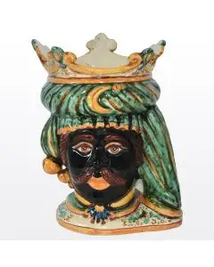 Sicilian head vase featuring a Moorish character decorated in rich shades of green and orange. It is handcrafted in Caltagirone, Italy.