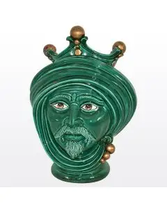 Green & gold Sicilian Moorish head featuring a male character. It is handcrafted in Caltagirone, Italy.