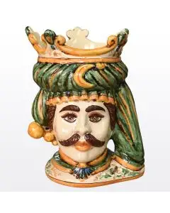 Sicilian Moorish head vase featuring a male character decorated in rich shades of green and orange. It is handcrafted in Caltagirone, Italy.