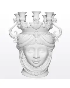 White Sicilian Moorish head with candelabra featuring a female character. It is handcrafted in Caltagirone, Italy.